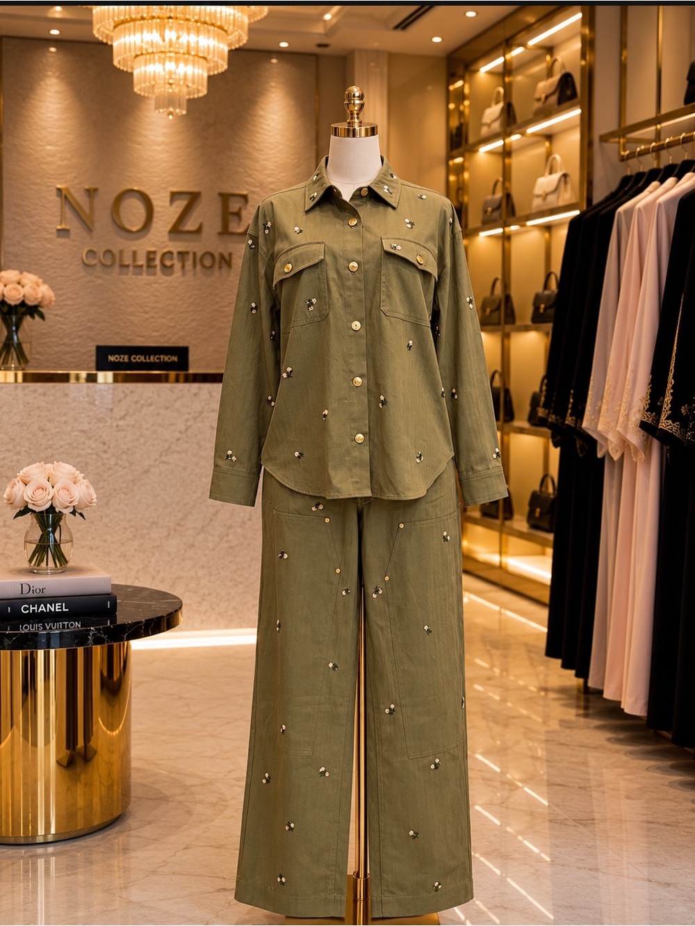 Olive Embellished Two-Piece Pant Set